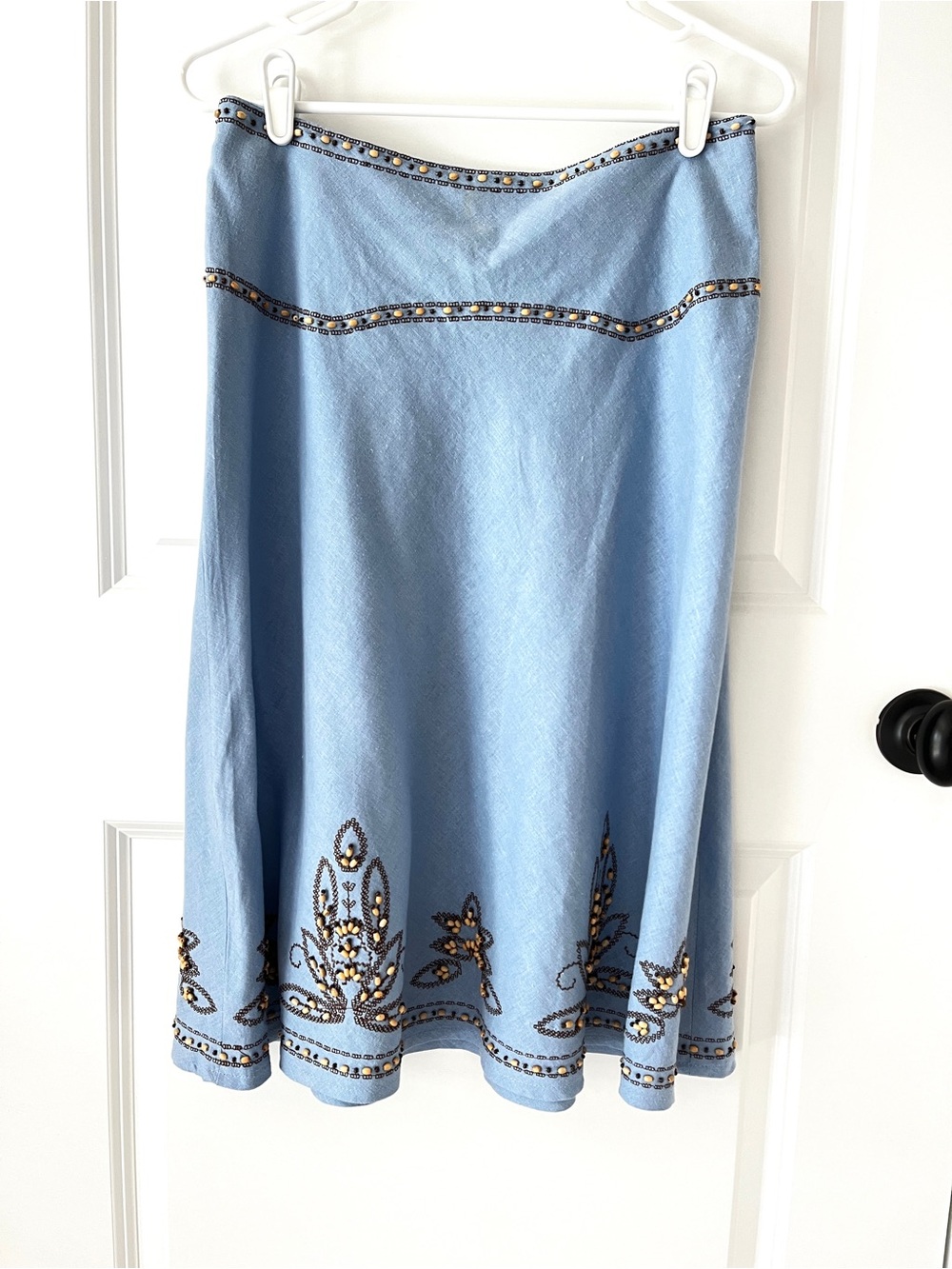 Vintage Boho Embroidered Beaded Linen Blend Light Blue A-Line Midi Skirt Size 8